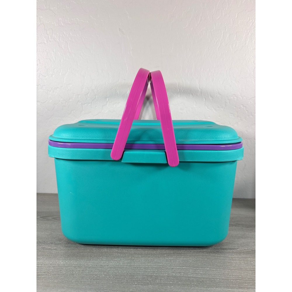 Vintage Eagle Plastic Picnic Basket Craft Storage Box Teal Pink Purple 90s USA